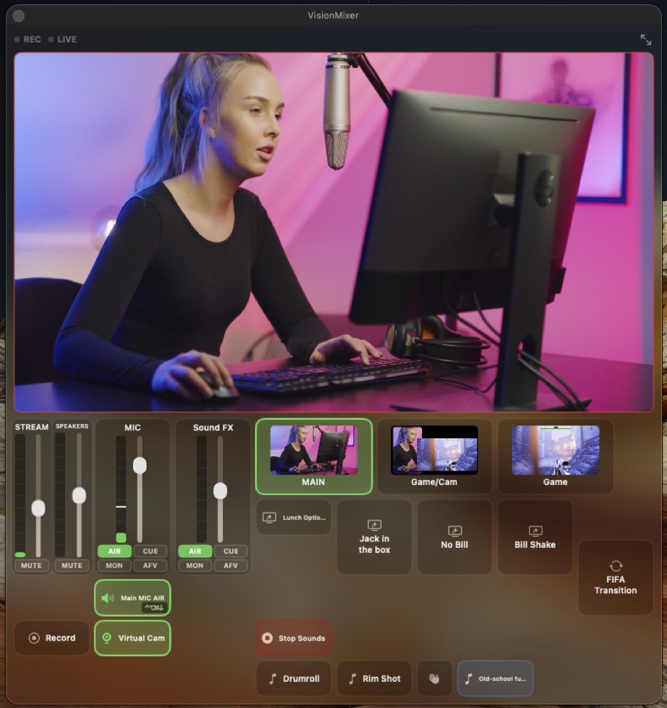 The floating mini deck — an always-on-top panel to run your whole show from the corner of the screen while you are on a call.