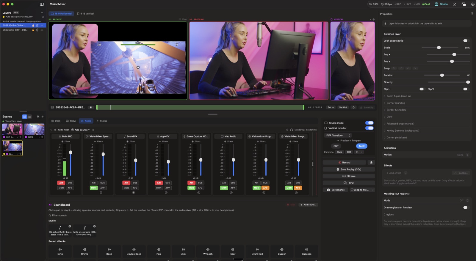 VisionMixer in studio mode running a live production: a Preview monitor, a live Program monitor and a 9:16 vertical monitor, with the Take controls.